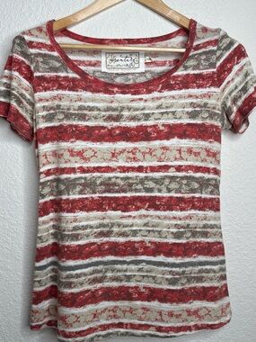 Aventura Organic Cotton Striped Print Tee Size Small, Red Gray Tan Boho